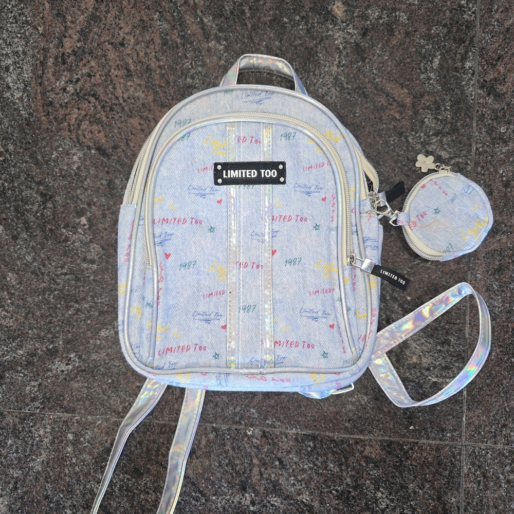 Limited Too Light Blue Holographic Denim Mini Backpack with Coin Pouch